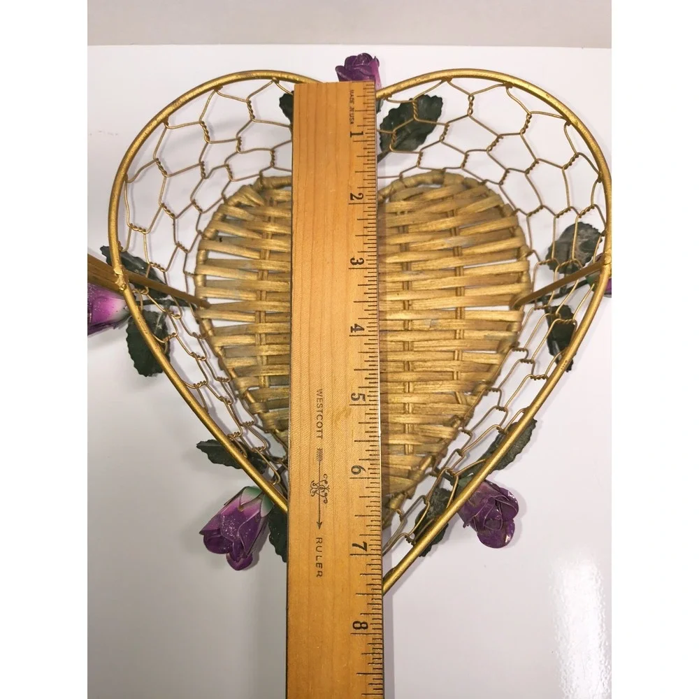 Gold Metal Heart Shaped Basket Purple Roses Wicker Bottom ~Display Storage Gift